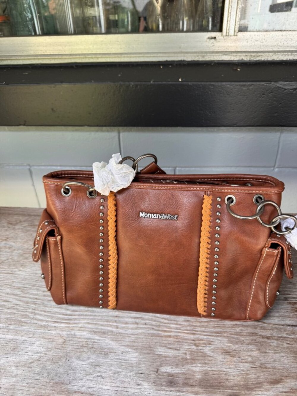 Montana West Western Studded Brown Faux Leather Shoulder Bag Purse New NWOT - Picture 2 of 11